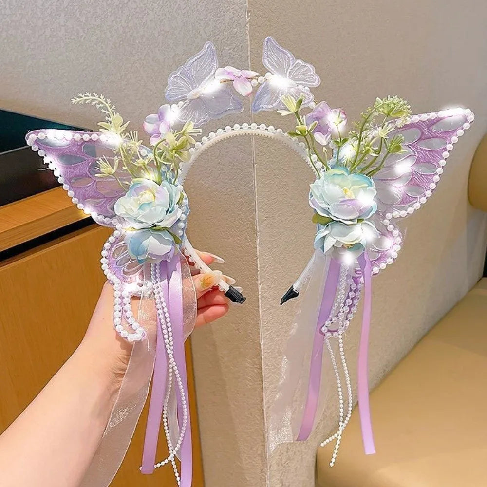Fresh Sweet Butterfly Flowers Hairband Pearl Beads Silk Ribbon Floral Headwear Fairy Hair Jewelry Decorative Headwear Women Wear