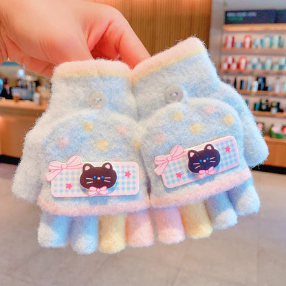Winter Plush Knitted Cartoon Rabbit Flexible Flip-top Gloves Thicken Warm Cute Gloves For Baby Girls Half Finger Children Gloves