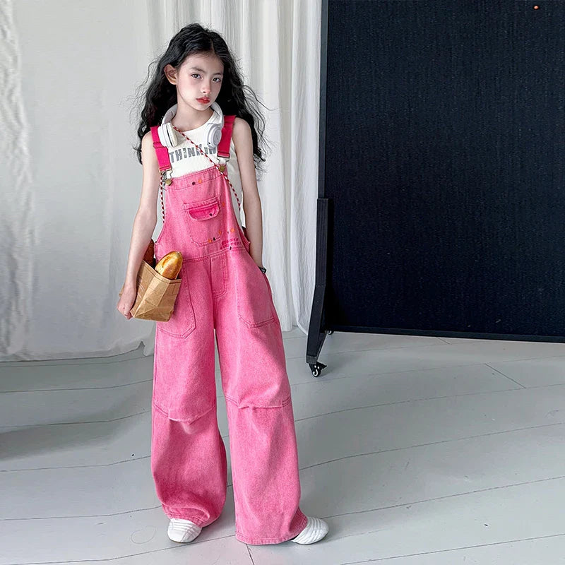 Luxury Kids Pink Denim Dungarees Bib Jeans for Teens Girl Casual Suspender Jumpsuit Child Fashion Jeans Overalls