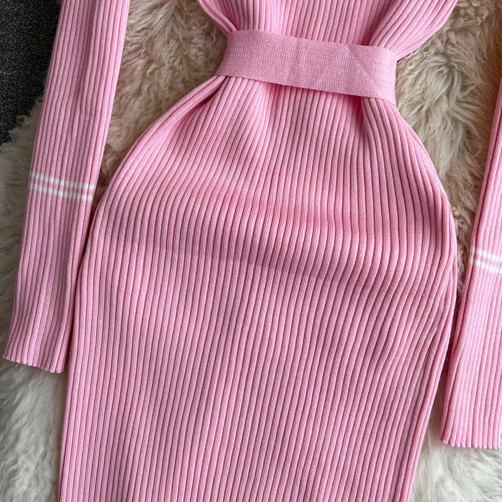 Women Dress  Autumn Winter Elegant Rib Knit Long Pencil Dress with Belt Office Lady Bodycon Sweater Dress Vestidos