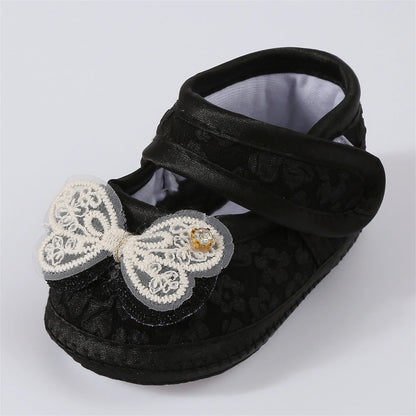 Baby Girls Princess Shoes and Turban Hat Set Bow Decor Lace Soft Non-slip Bottom First Walking Shoes