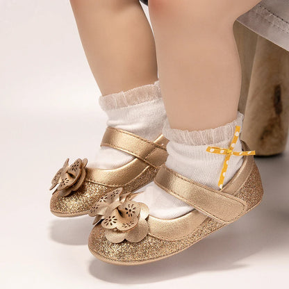 Gold Tie Cute Bow Flower Baby Princess Shoes Wedding Birthday Party Non-Slip Soft Sole Baby Toddler Shoes