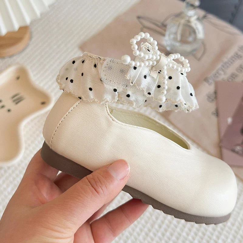 Girl's Leather Shoes Frilly Pearl Adorable Hook-loop Kids Flat Shoe Beige Brown Shallow Sweet Trendy Children Shoe 23-34