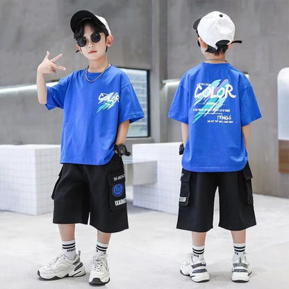 Summer 100% Cotton Boys Blue T-shirt Cool Graffiti Printed Girls Tees Short Sleeve Children Tops High Quality Kids Clothes