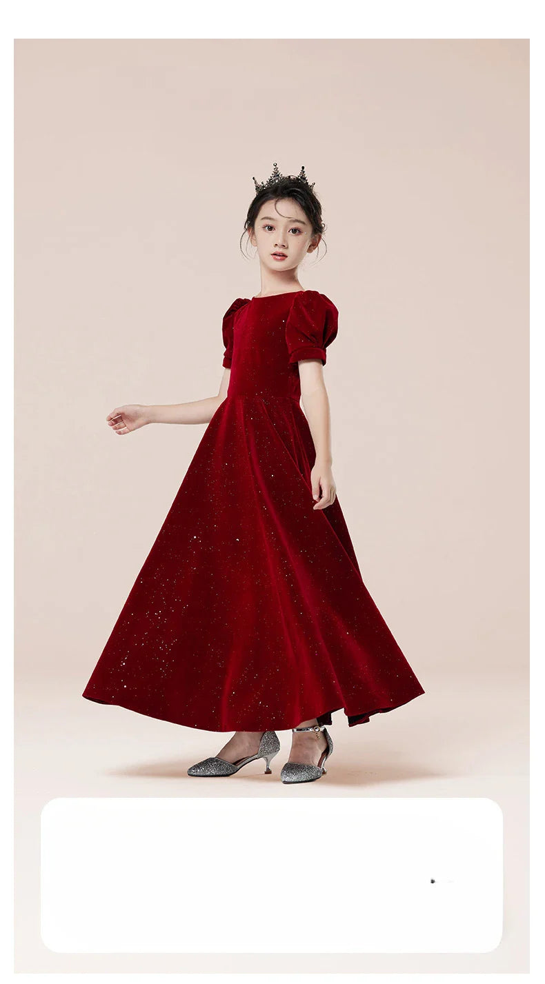 Kids Party Dress Clothing For Birthday Princess  Wine Red Piano Wedding Flower Girl Host Children's Formal Dress