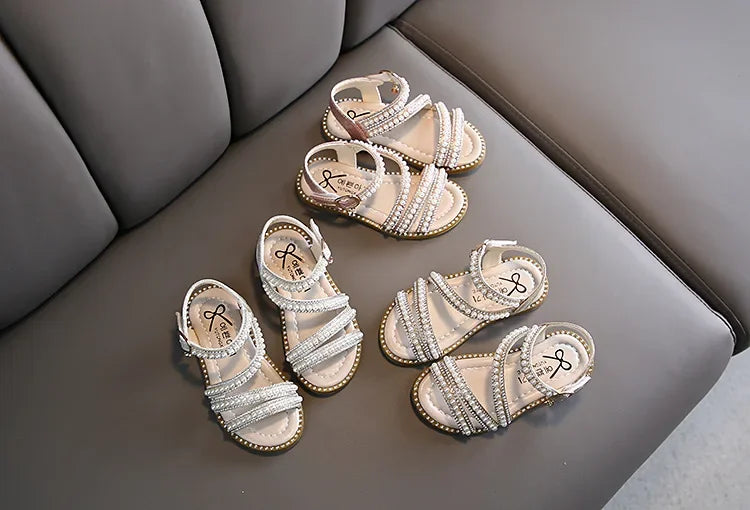 Summer Children's Sandals Korean Style Open-toe Kids Girls Causal Rhinestone Pearl Flats Sandals Fashion Princess Dress Shoes