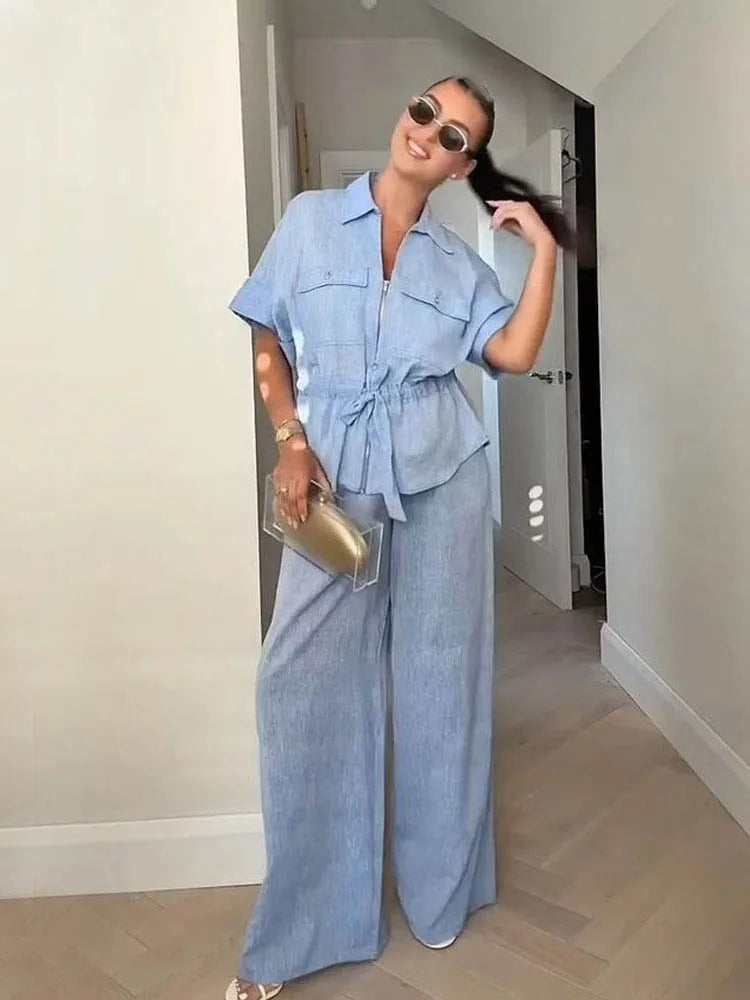 HH Women Pants Suit Solid Short Sleeve Zipper Pocket Drawstring Design Shirt Top+Elastic Waist Loose Casual Wide-leg Pants
