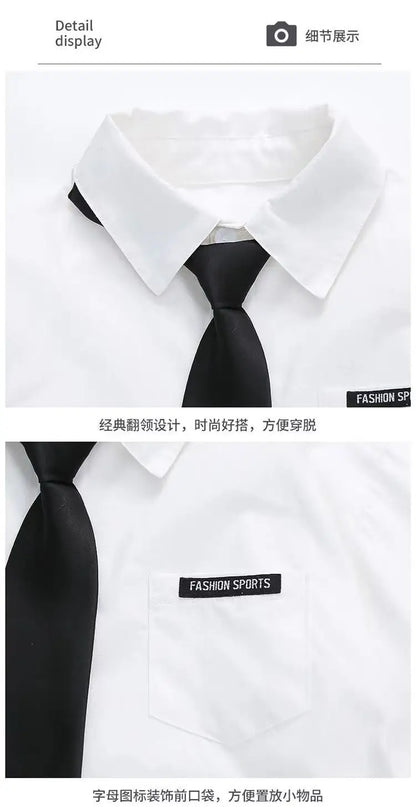 Teens Boys Summer Set Children's Wear Thin 2025 New Handsome British Style Boy White Cotton Short Sleeved Shirt+Black Shorts+Tie