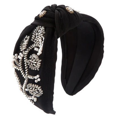 Fashion New Style Wide Brim Knotted Hairband Hand-Stitched Glass Flower Banquet