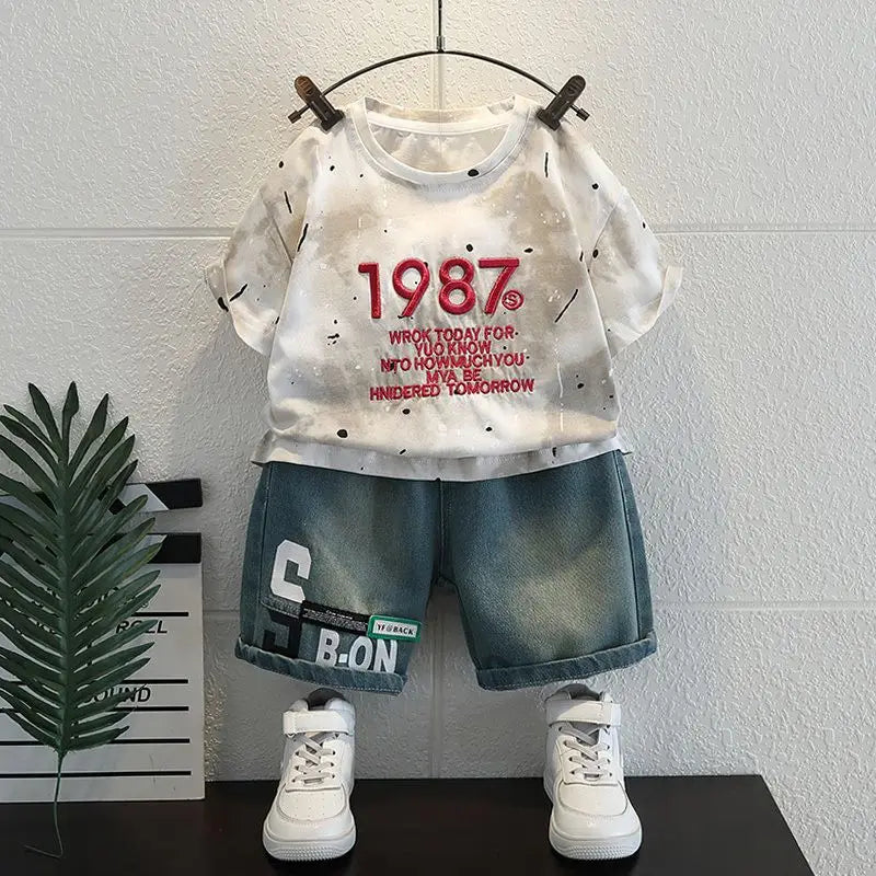 Korean Boys Summer Children's Top and Bottom 2PC Sets Short Sleeve T-Shirt & Denim Shorts Kids Clothes 1-7 Years Black Toddler