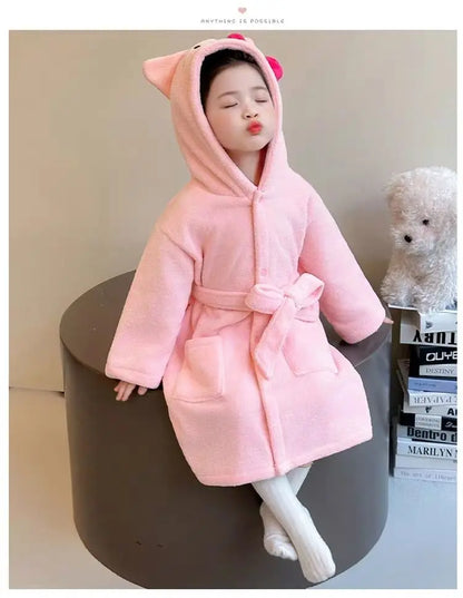 Sanrio Hello Kitty Children Bath Robe Pajamas Terry Cloth Girls Babies Toddlers Spring Winter Home Wear Hooded Cozy Sleepwear