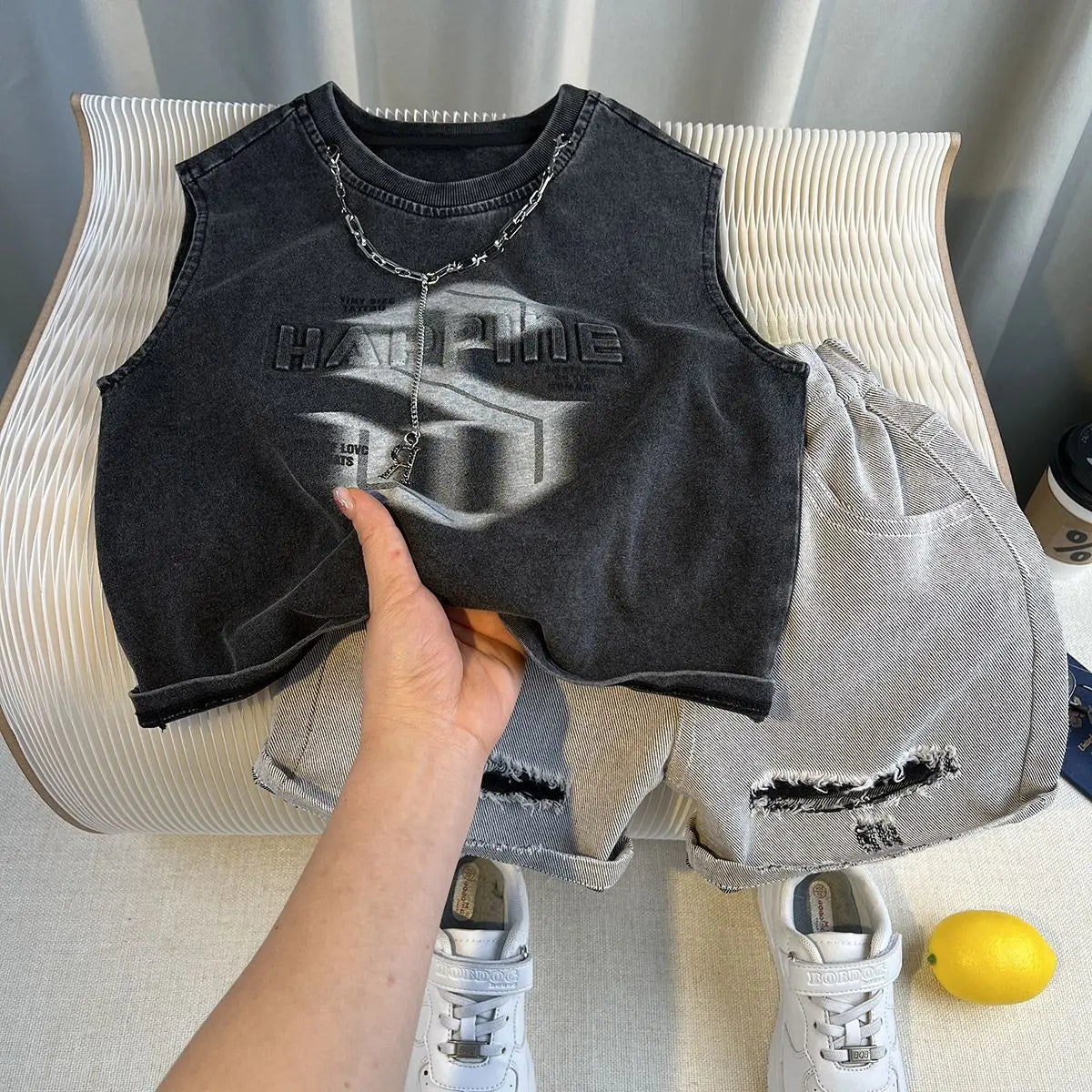 New Boys Sleeveless Vest Denim Shorts 2PC Sets Outdoor Festival Clothing Vintage Print Kids Miracle Design 2-10 Years White Tops