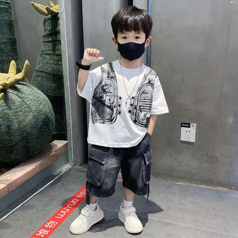 New Boys Sleeveless Vest Denim Shorts 2PC Sets Outdoor Festival Clothing Vintage Print Kids Miracle Design 2-10 Years White Tops