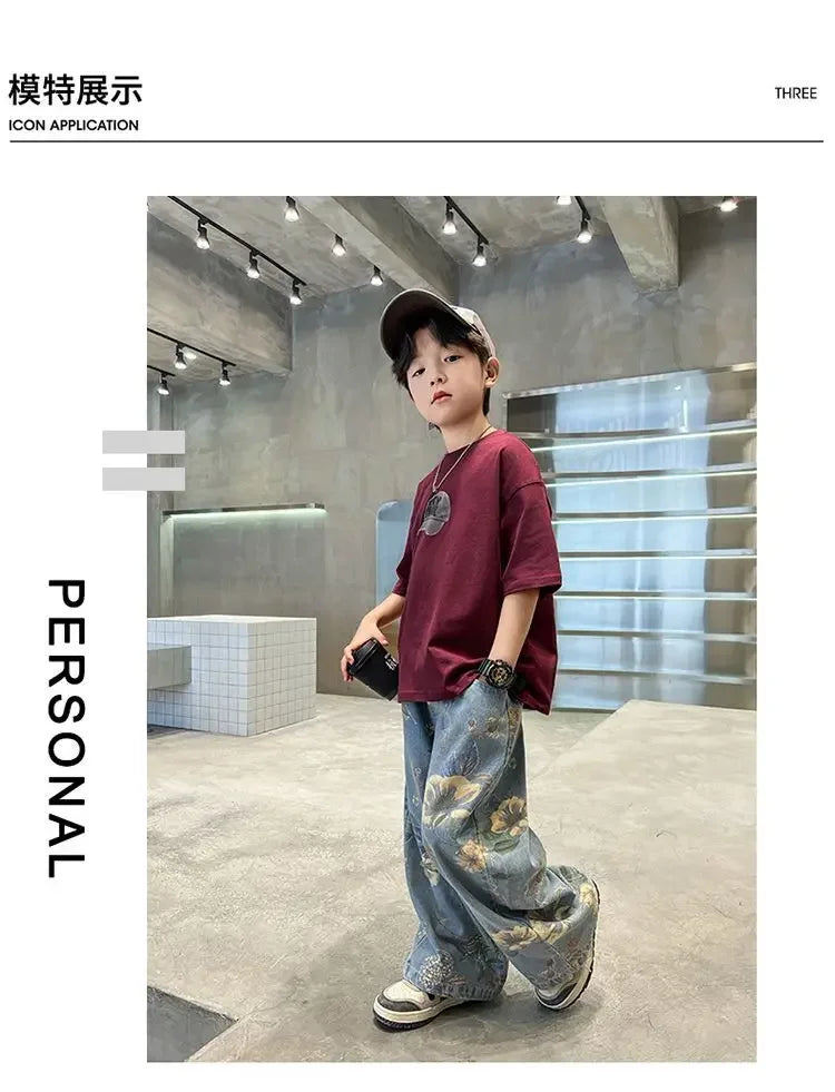 Boys' Summer Outfit Sets New Style Children's Short Sleeved T-shirt Long Pants Two-piece Suits Big Children's Stylish Sets
