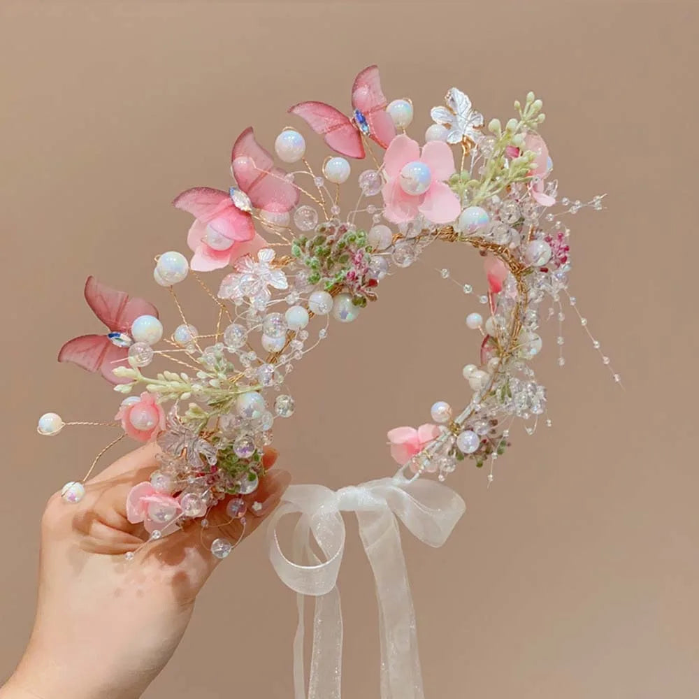 Butterfly Fairy Hair Hoop Beads Simulation Flower Flower Headdress Hair Ornaments Adjustable Wreath Headband