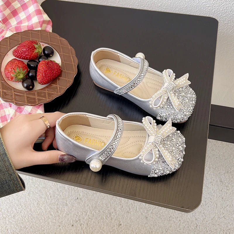Girls Sparkly Rhinestone Bow Leather Shoes New Spring Toddler School Dance Flats Soft Sole Princess Kid Party Wedding Shoes
