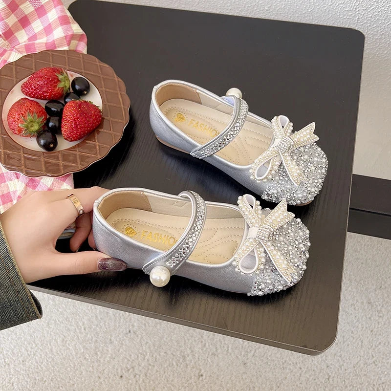 Girls Sparkly Rhinestone Bow Leather Shoes New Spring Toddler School Dance Flats Soft Sole Princess Kid Party Wedding Shoes