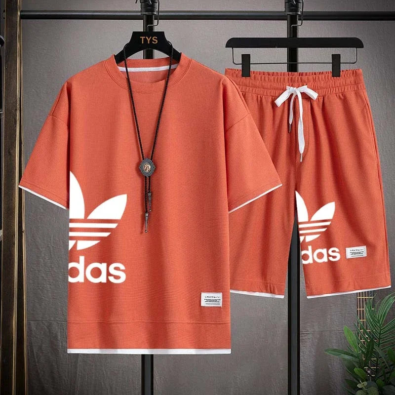 Summer  New Men's pullover sportswear Set, fashionable basketball men's casual short-sleeved T-shirt + shorts two-piece set