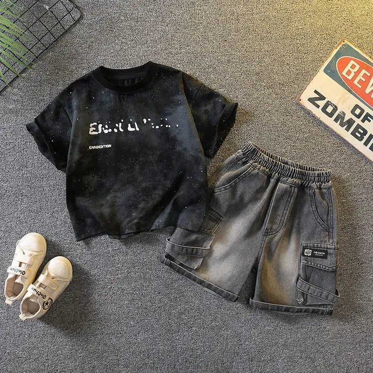 Baby Boys Summer Clothes Fashion Crew Neck Children Tracksuit Letter Printed T-shirt Denim Shorts 2pcs Suit Kids Outfit 2-11Y