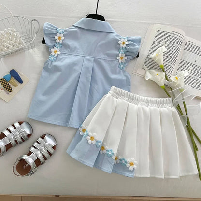 Summer New Baby Floral Short Sleeve Puff Sleeve Top Elastic Waist Pleated Skirt Girls' Set17401