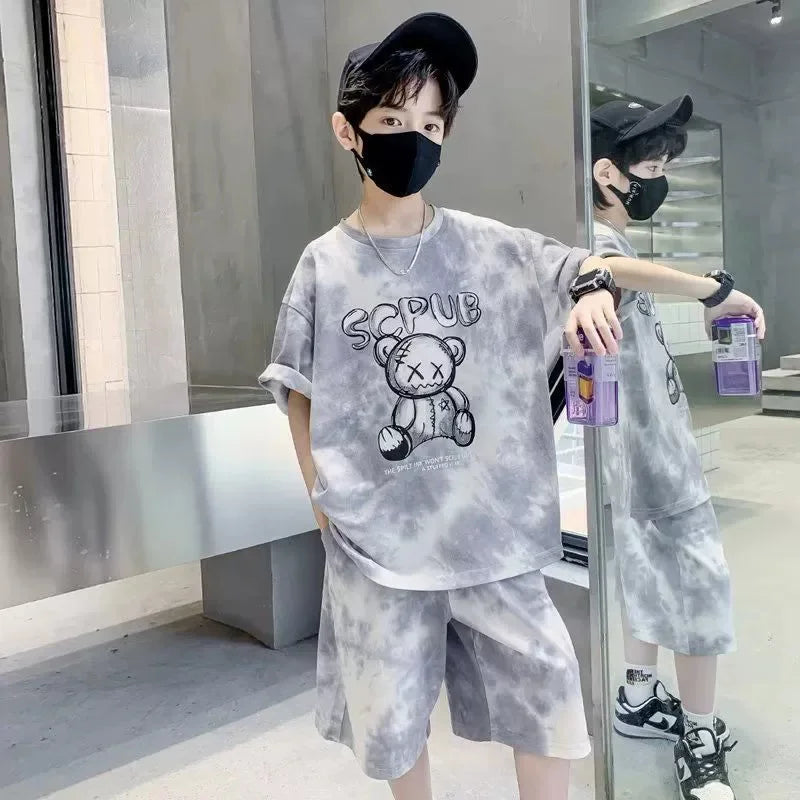 Boys Sports Suit Summer Cartoon Sets New Children's Short-Sleeved T-Shirt Shorts  Kids Fashion Loose Clothes Outfit