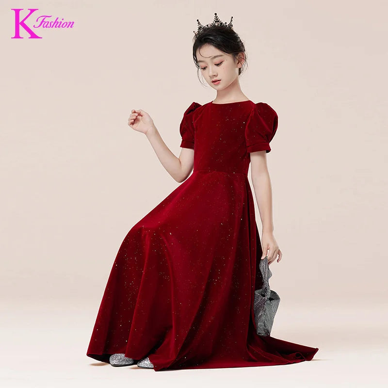 Kids Party Dress Clothing For Birthday Princess  Wine Red Piano Wedding Flower Girl Host Children's Formal Dress