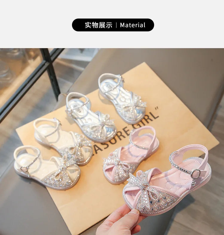 New Bow Princess Shoes Fashion Sequin Girls Shoes Allmatch Kid Shoes