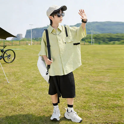New Children Summer Thin Short Sleeved Shirt Shorts Two Piece Set Children Stylish Clothing Trend
