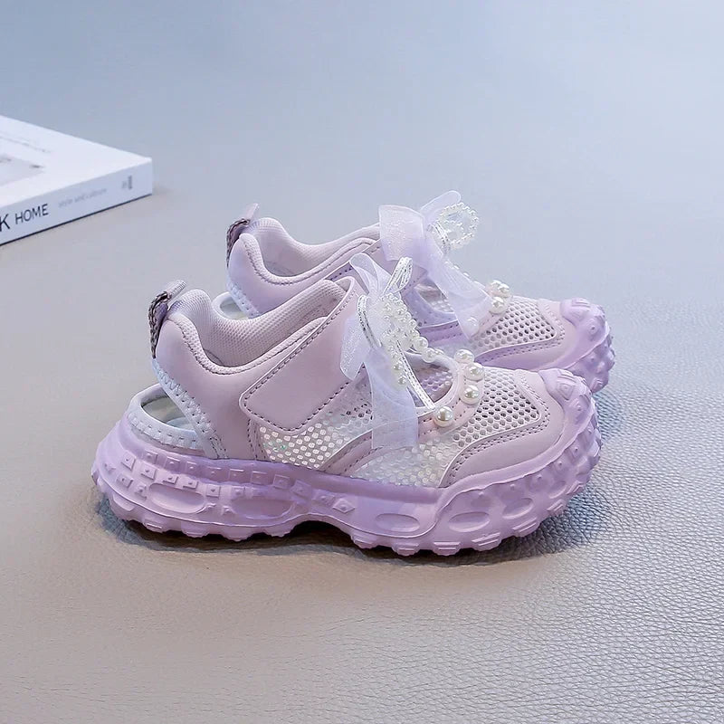 Summer Children School Running Sandals Sweet Breathable Girls Mesh Sports Sandals Non-slip Fashion Kids Princess Cut-outs Shoes
