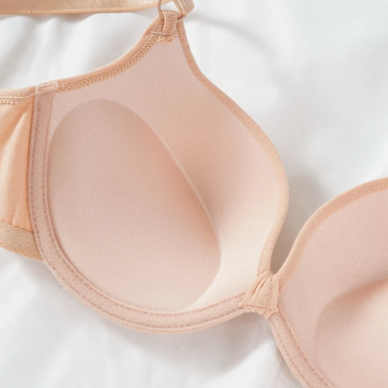 Women's Sexy Cotton Gathered Bra Deep V Underwire Ladied  Brassiere Push Up Lingerie Solid Bras Backless Intimate Underwear