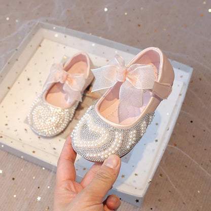 Girls Rhinestone Shoes with Big Heart Pearl Lace Bowtie Fashion Princess Sweet Kids Dress Flats for Wedding Party Chic Elegant