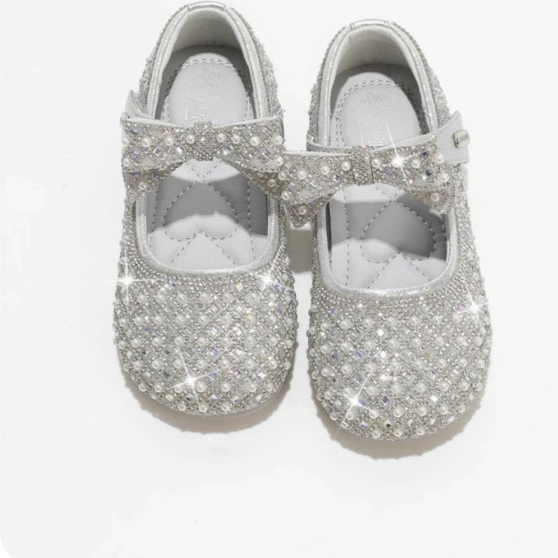 Autumn New Girls Single Princess Shoes Pearl Shallow Children's 2025 Comfortable Flat Shoes Kid Baby Rhinestone Bowknot Shoes