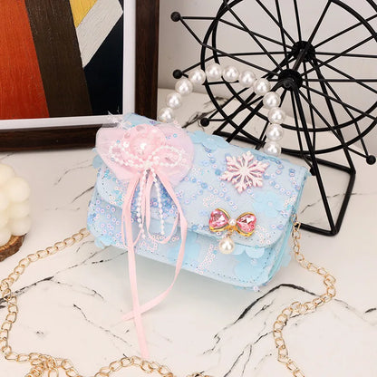 Cute Sequin Bow Kids Mini Square Shoulder Bags Versatile Children Chain Crossbody Bag Lace Girls Pearl Handbags Clutch Purse