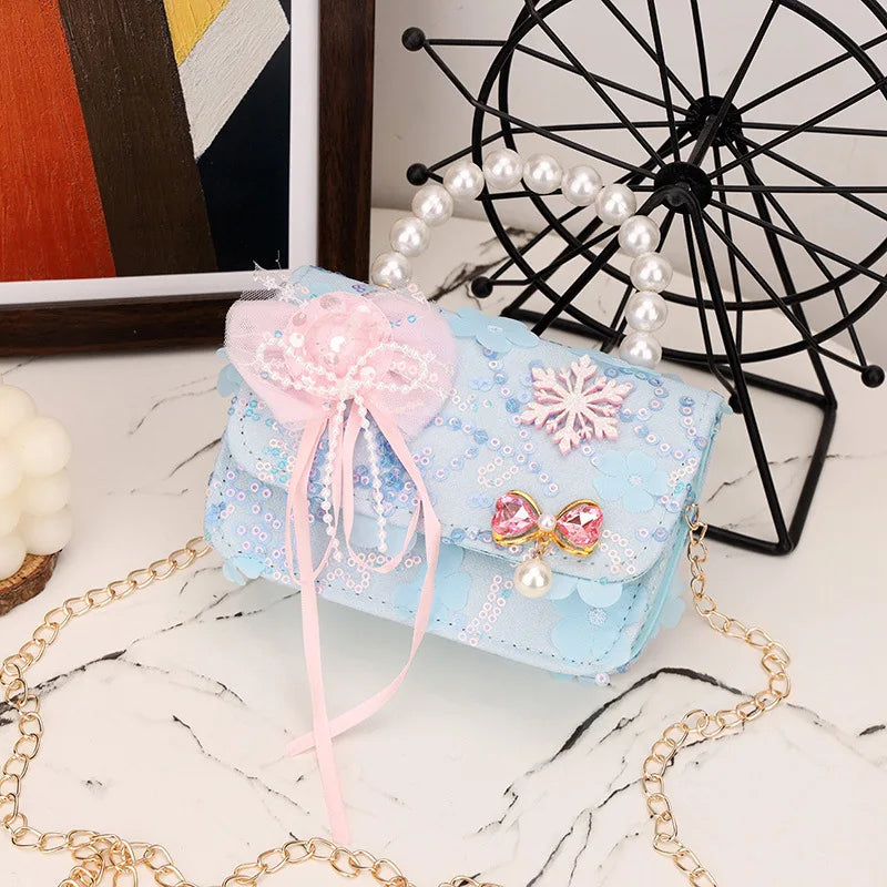 Cute Sequin Bow Kids Mini Square Shoulder Bags Versatile Children Chain Crossbody Bag Lace Girls Pearl Handbags Clutch Purse