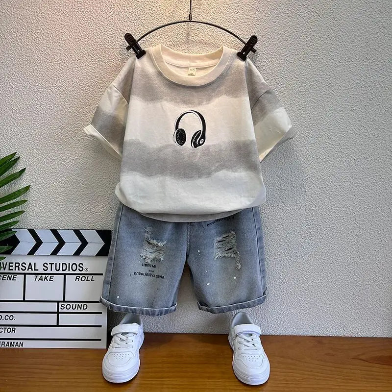 New Boys Sleeveless Vest Denim Shorts 2PC Sets Outdoor Festival Clothing Vintage Print Kids Miracle Design 2-10 Years White Tops