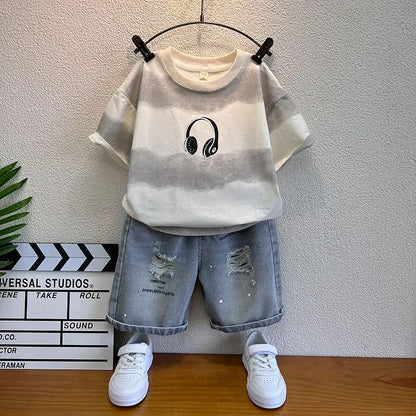 New Boys Sleeveless Vest Denim Shorts 2PC Sets Outdoor Festival Clothing Vintage Print Kids Miracle Design 2-10 Years White Tops