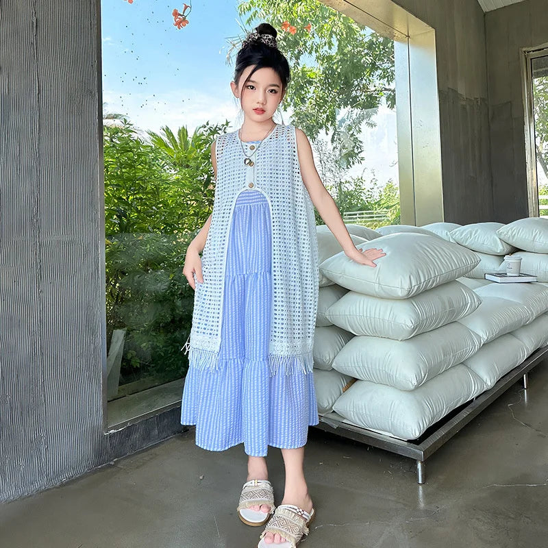 5-14Years Old Girls Dress Children Summer Sweet Beach Holiday Gown Kids Dresses Teenager Sleeveless Clothing Sets