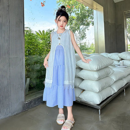 5-14Years Old Girls Dress Children Summer Sweet Beach Holiday Gown Kids Dresses Teenager Sleeveless Clothing Sets