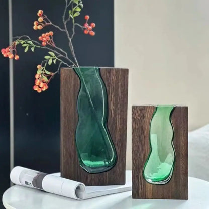 Desktop Ornament Wooden Glass Vase Transparent Modern Hydroponic Flower Holder Removable Creative Flower Pot Home