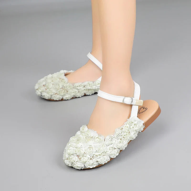 Girls Half Sandals Kids Princess Flowers Dress Shoes Fashion Simple Summer Children Flat Mary Janes Shoes for Party Wedding