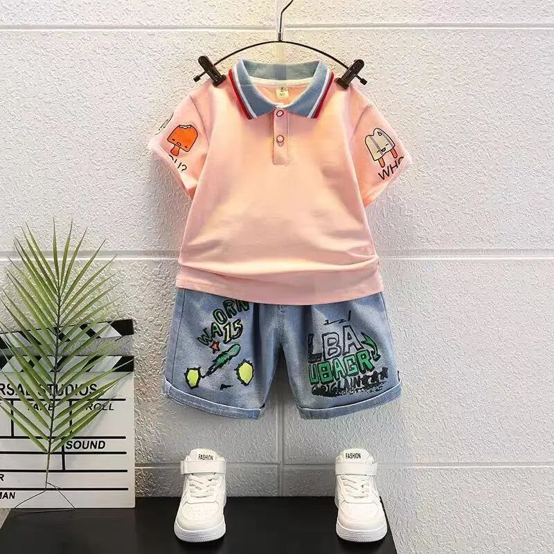 Boys 2025 Summer Outfit T-Shirt and Jeans Korean Polo Fashion 2PCS Casual Clothing Korean Reviews Top Toddler Kids Clothes Sets (Available )