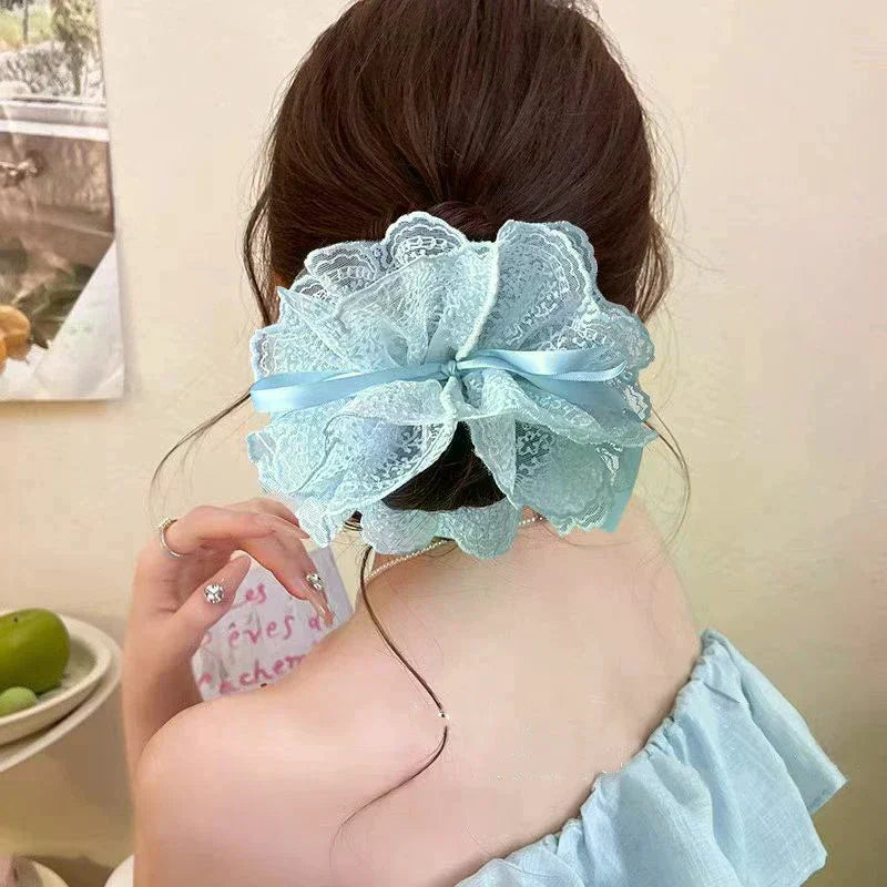 Sweet Drawstring Bow Lace Hair Scrunchies For Women Elastic Hair Bands Ponytail Holders Girl Hair Accessories