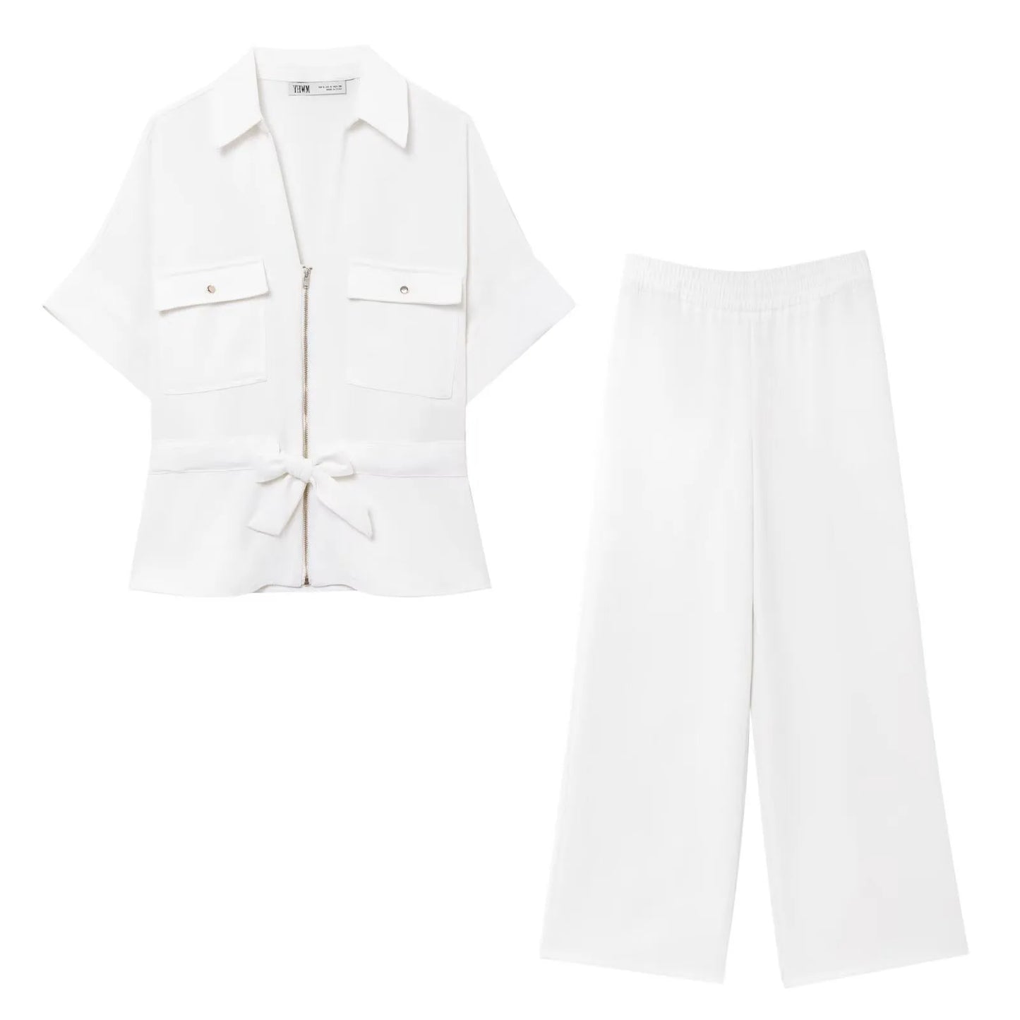 HH Women Pants Suit Solid Short Sleeve Zipper Pocket Drawstring Design Shirt Top+Elastic Waist Loose Casual Wide-leg Pants