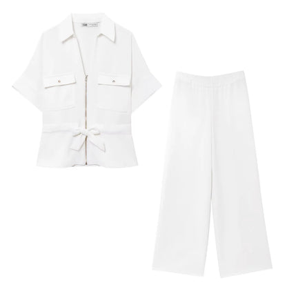 HH Women Pants Suit Solid Short Sleeve Zipper Pocket Drawstring Design Shirt Top+Elastic Waist Loose Casual Wide-leg Pants