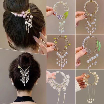 Ladies Butterfly Rhinestone Pearl Metal Hair Claw Round Bun Ponytail Holder
