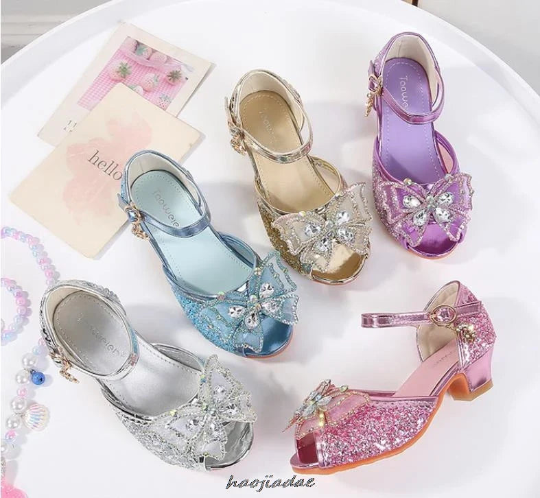Summer High Heels Shoes for Girls Pageant Kids Sandals Child Mary Jane Shiny Princess Party Dress Up Shoes Purple Gold Pink Blue