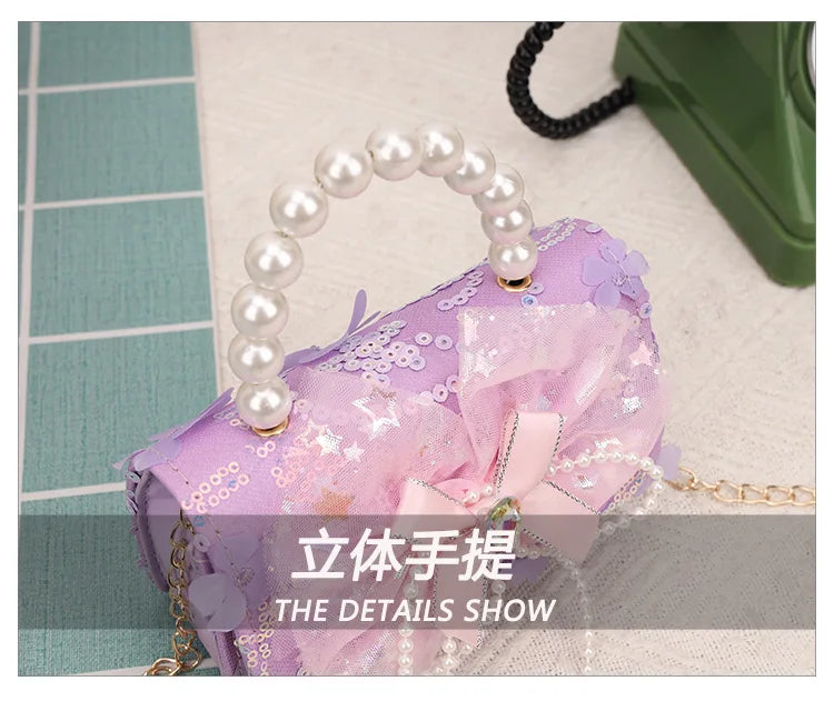 Cute Sequin Bow Kids Mini Square Shoulder Bags Versatile Children Chain Crossbody Bag Lace Girls Pearl Handbags Clutch Purse