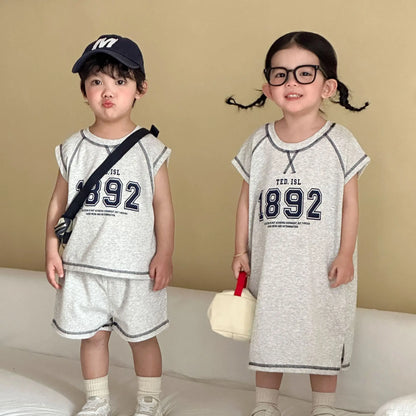 Summer New Children Short Sleeve Clothes Set Boys Letter Print T Shirts 2pcs Suit Girls Vest Dress Kids Brother Sisters Set