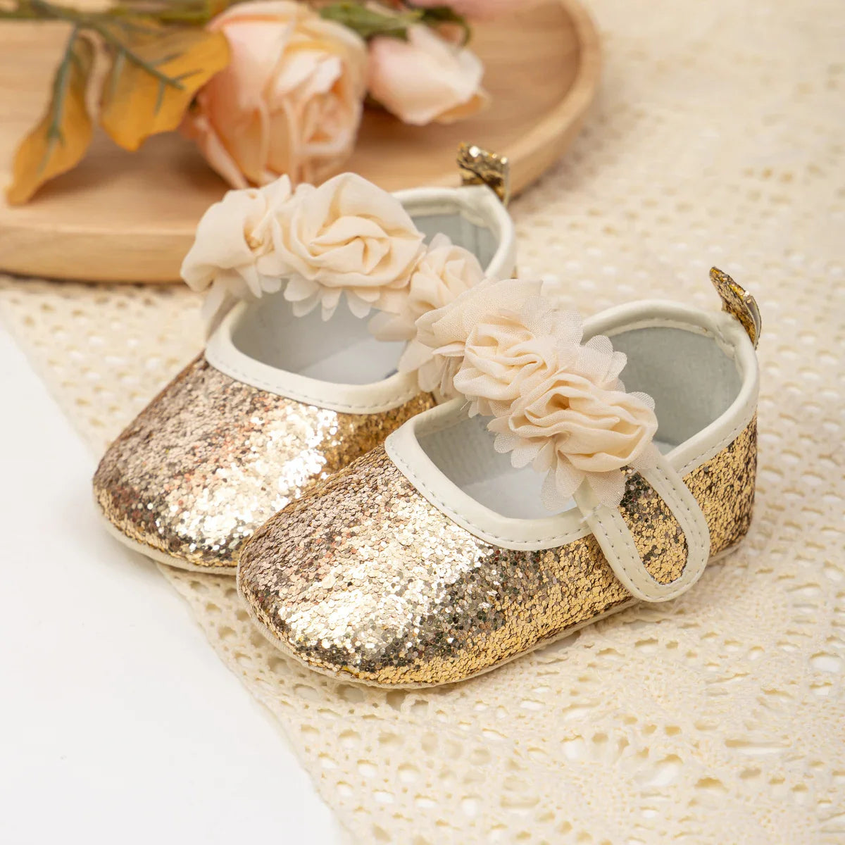 Gold Tie Cute Bow Flower Baby Princess Shoes Wedding Birthday Party Non-Slip Soft Sole Baby Toddler Shoes