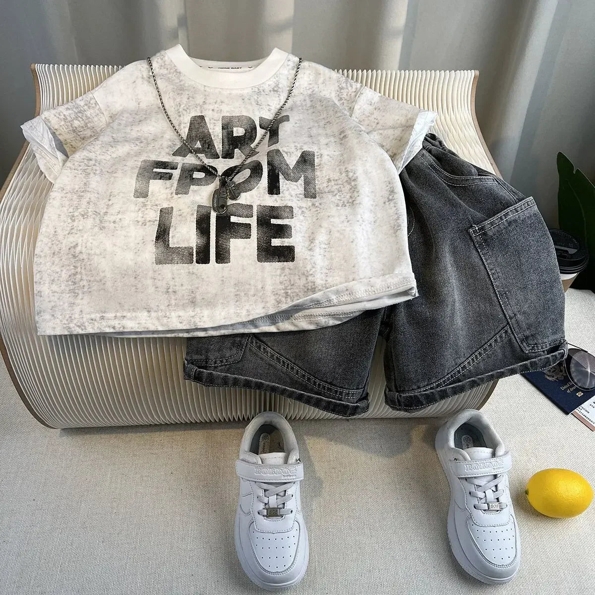 New Boys Fashion Summer Cotton Letter Printing T-shirts+Graffiti Denim Shorts 2pcs Set Kids Korean Outfits Sets Children Clothes